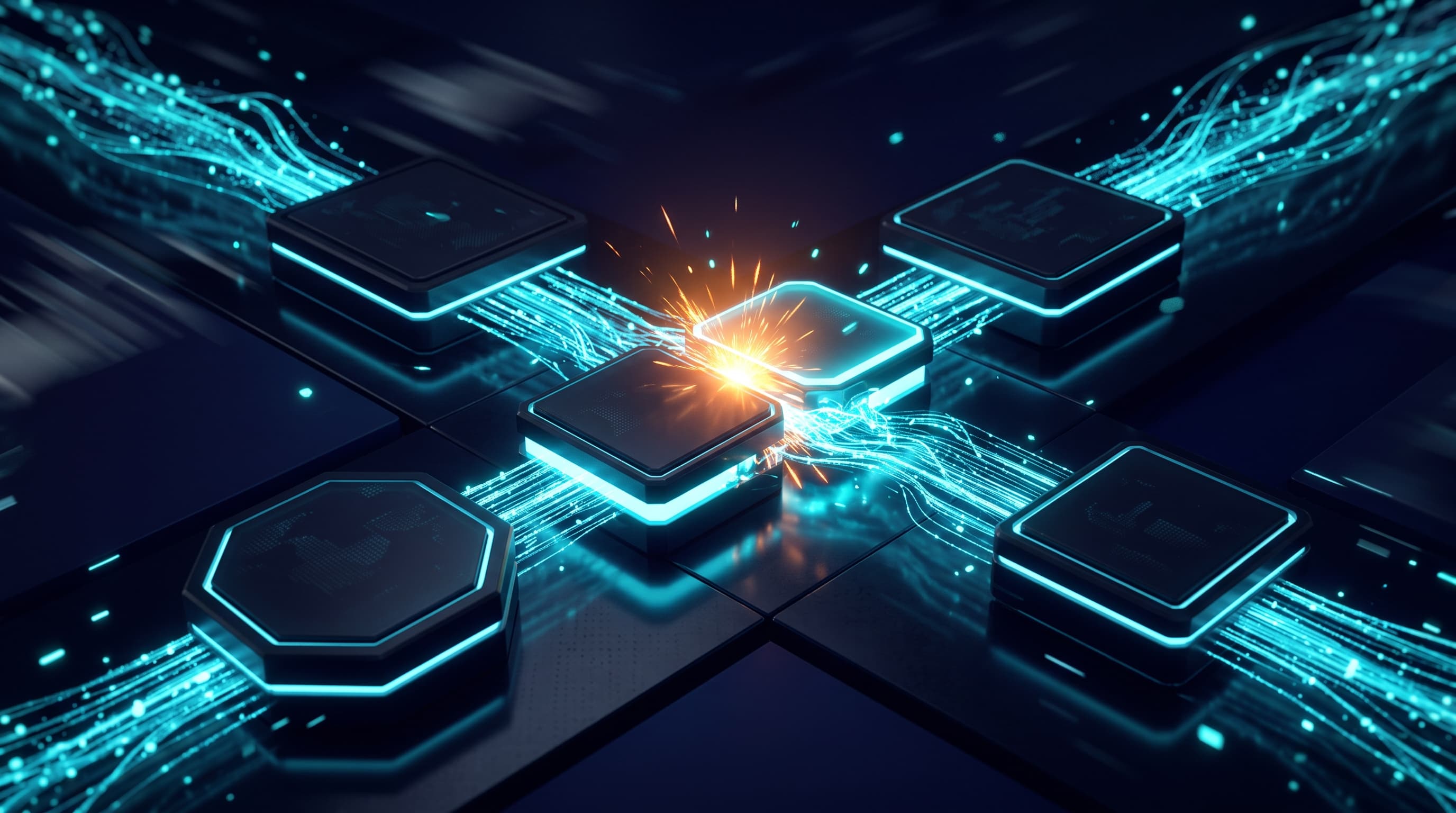 Modular healthcare systems connecting through glowing API interfaces, representing FHIR and EHR integration.